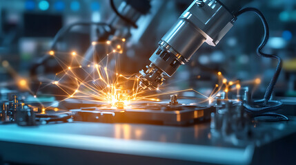 Automated welding process in high-tech factory industrial setting close-up view robotics and precision engineering