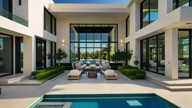 Modern Luxury Villa with Swimming Pool at Sunset in Miami