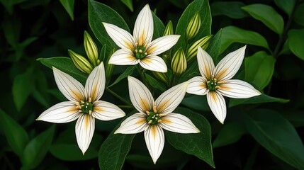 Fototapeta premium Close-up of four white flowers with light beige stripes, surrounded by dark green foliage