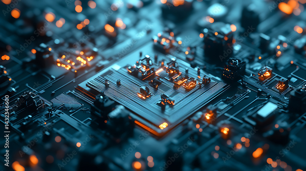 Poster exploring innovative circuitry designs tech lab visual content high-tech environment close-up view f