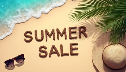 Beach-themed summer sale with a stylish hat and sunglasses, highlighting holiday discounts in a vibrant setting