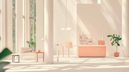 Calming interior design showcase modern studio minimalist aesthetic bright environment natural light