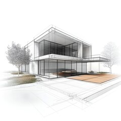 Sketch design and drafting of wireframe of building a modern house becoming real. 3d illustration, Digital project visualization. 
