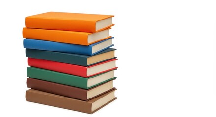 A stack of colorful hardcover books piled on top of each other against a white background space