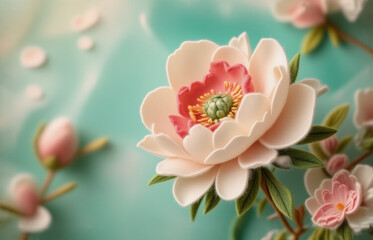 Obraz premium Intricate, creamy-white peony in full bloom, accented with soft pink, rests on a teal background. Surrounding buds and falling petals add depth. The image evokes serenity and delicate beauty.