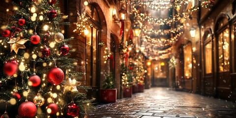 Decorated Christmas tree on an old European street with lights illuminating the buildings, for holiday content