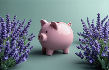 Pink piggy bank nestled between vibrant lavender plants against a calming teal backdrop.  A serene image suggesting financial wellness and calm.