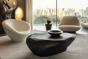 Bright and airy living space with a view of the city, featuring soft textures, warm wood, and sculptural furniture. A perfect blend of modern and organic elements 