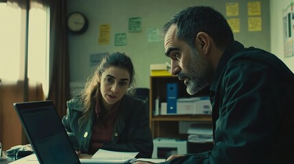 Mature Latin business man mentoring mid age European business woman discussing project on laptop in office. 