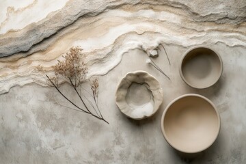 A white bowl with a flower on it sits on a table next to two other bowls. The bowls are all white and the table is made of wood. The scene gives off a calm and peaceful vibe, as the bowls