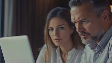 Mature Latin business man mentoring mid age European business woman discussing project on laptop in office. 