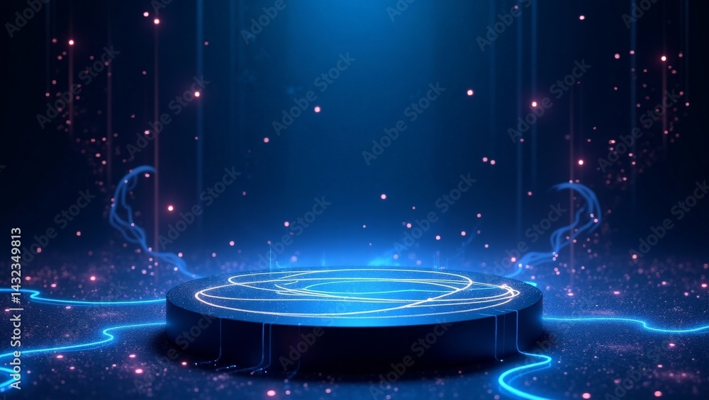 Poster futuristic podium scene with glowing neon elements and particle effects