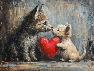 Kitten and Puppy Sharing a Heart: Sweet Animal Painting