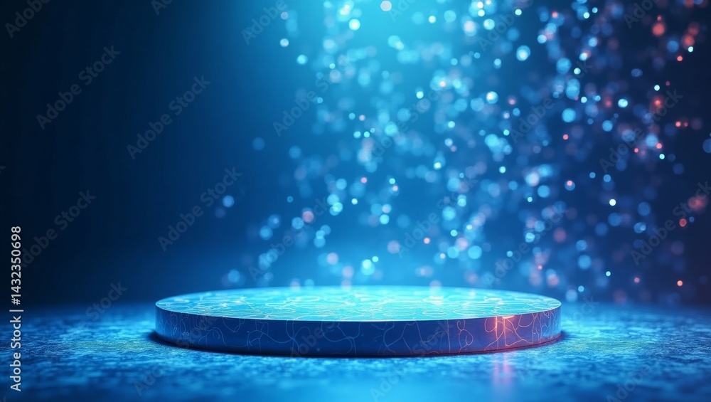 Poster digital stage illuminated with ethereal particles and a futuristic platform