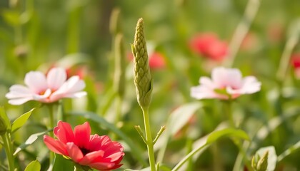 Fototapeta premium A closeup showcases a field of vibrant zinnia flowers under the bright daylight