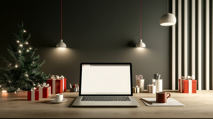 Cozy holiday workspace with laptop christmas tree and gifts modern office interior design warm atmosphere