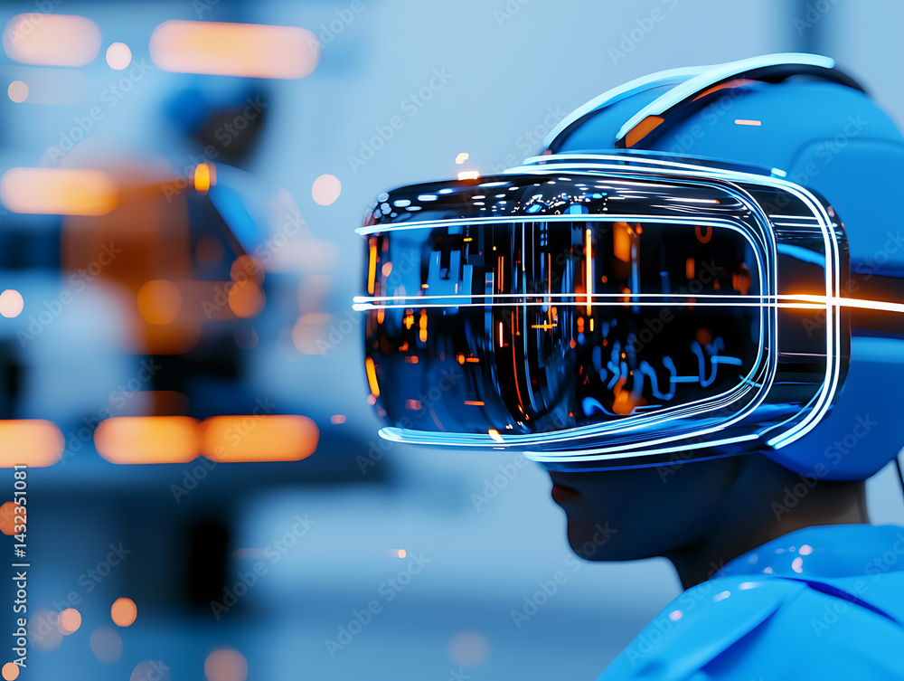 Poster virtual reality experience tech lab digital media futuristic environment close-up view innovation in