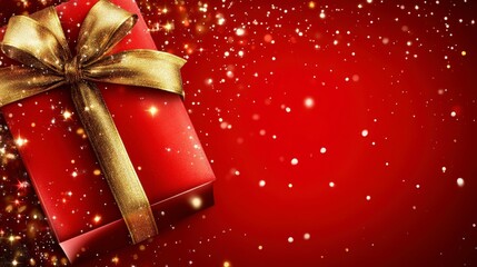 Red gift box displayed on a bright solid color background in a web banner, featuring flexible room for copy to accommodate text, slogans, or branding elements.