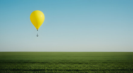 Yellow Balloon Floating Above Green Field Against Clear Blue Sky