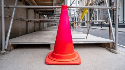 Bright Red Traffic Cone on Pedestrian Sidewalk with Scaffolding