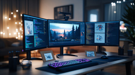 Naklejka premium indie game development setup with multiple monitors and concept art,