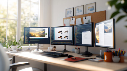 indie game development setup with multiple monitors and concept art,