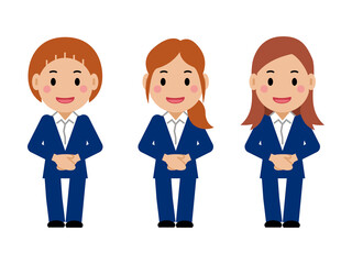 手を前で重ね、笑顔の紺色スーツの若い女性。その2