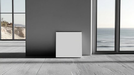 Obraz premium Minimalist interior scene with blank square frame and ocean view through windows