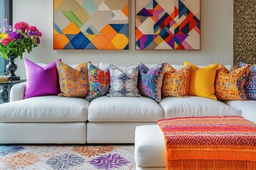 A colorful couch with pillows and a rug in front of a colorful painting. The couch is white and has a mix of purple, pink, yellow, and blue pillows. The rug is multicolored