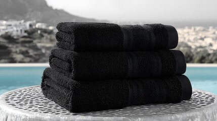 Stacked black towels rest on a table by a pool.