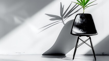 Monochrome elegance, sculptural black chair contrasts vibrant green plant against stark white