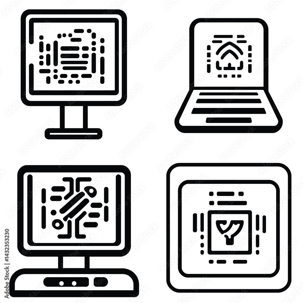 Poster computer and laptop icons with technology design elements in outline style