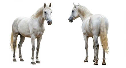 Obraz premium Two white horses standing isolated on a white background one facing forward and one facing backwards