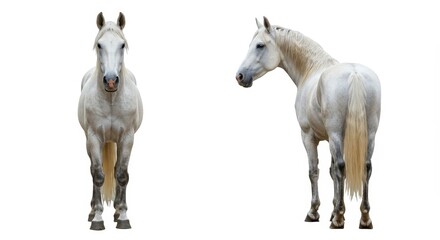 Two views of a white horse standing on a white background with a front and side profile view shown
