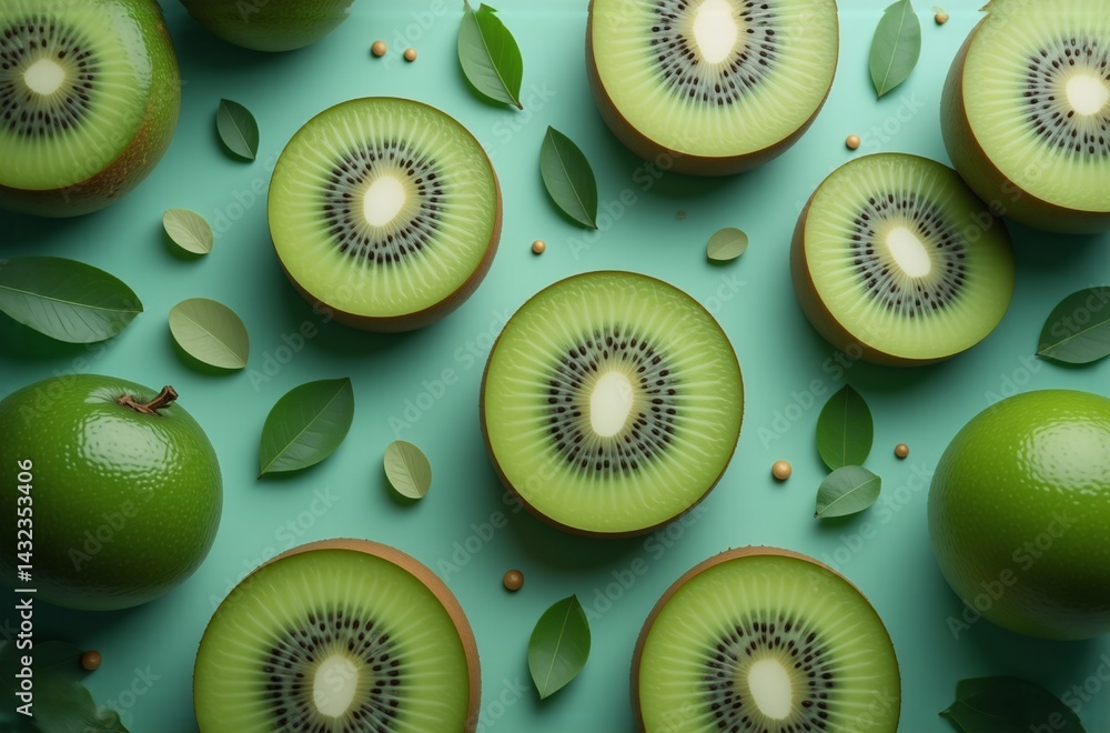 Poster A vibrant flat lay showcasing sliced kiwifruit and green leaves arranged on a teal background.  Whole limes are interspersed among the kiwi slices creating a refreshing and visually appealing pattern.