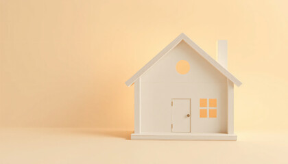Simple wooden house model on cream background with copy space, Affordable housing design trends and sustainable living concepts