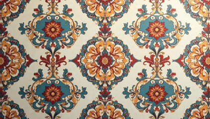 Naklejka premium Symmetrical paisley damask design with a repeating scrollwork motif in muted tones , illustration, elegant