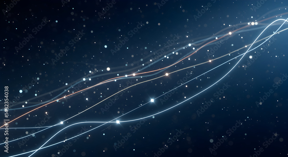 Poster elegant curved lines with sparkling particles on a dark gradient background