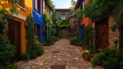 Fototapeta premium Colorful alleyway lined with vibrant houses, lush greenery, and stone pathways. Intricate landscaping