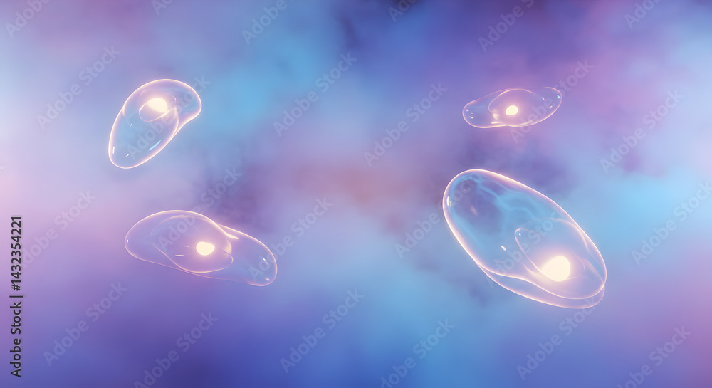 Poster glowing spheres floating amidst ethereal cloudscape rendered with soft hues