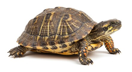 Fototapeta premium Close up of a brown and yellow turtle with patterned shell on a white background in studio lighting