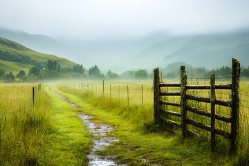 Obraz premium Misty path through fields leading to mountains on foggy day in Scottish countryside for travel brochures