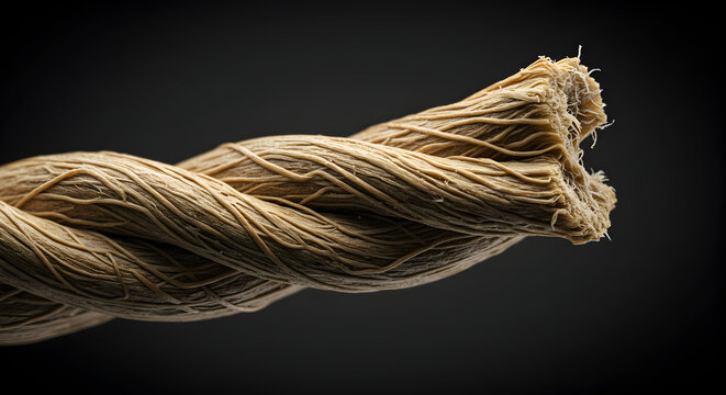 Macro Image Of A Natural Twisted Fiber Rope On Dark Background