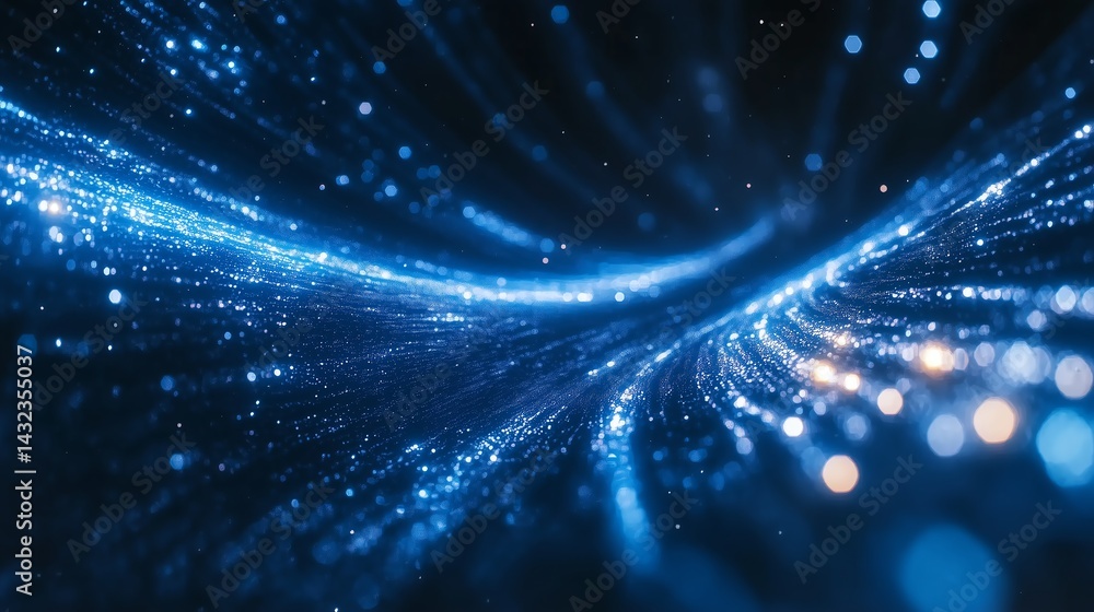 Poster blue tech energy flow in space, abstract cgi background with deep negative space for modern and sci-