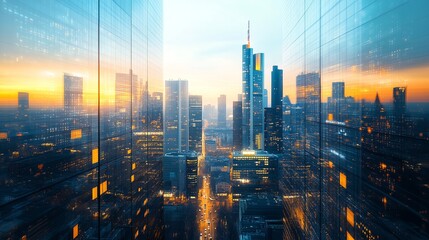 Futuristic cityscape of Frankfurt with glass skyscrapers featuring digital overlays and a clean composition