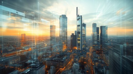 Futuristic cityscape of Frankfurt with glass skyscrapers featuring digital overlays and a clean composition