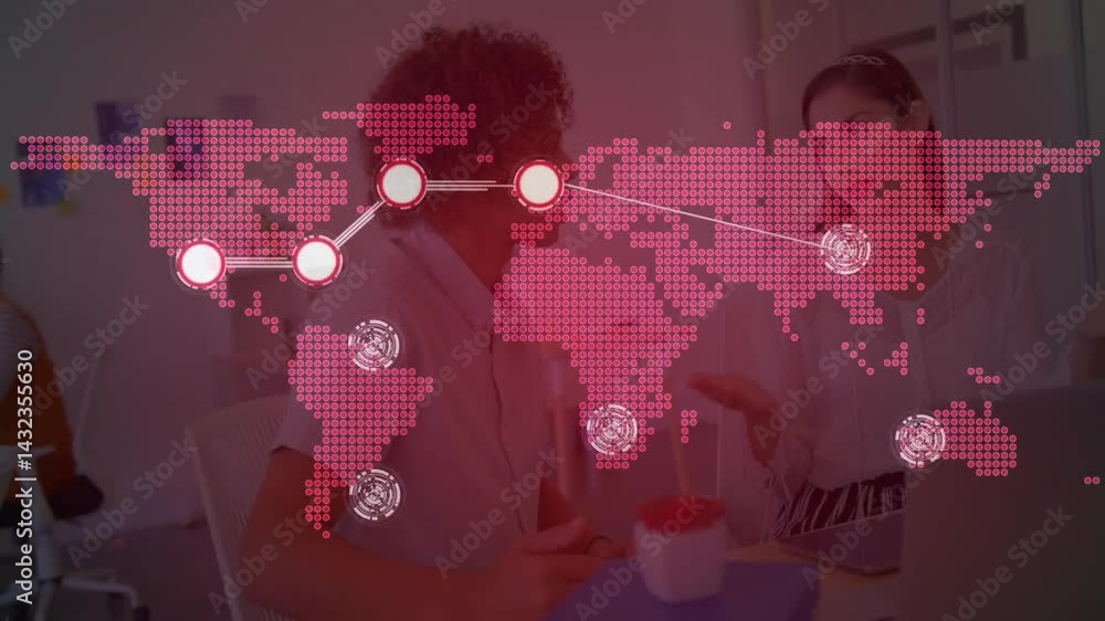 Poster business team collaborating at office desk, analyzing global data with pink map overlay and laptop