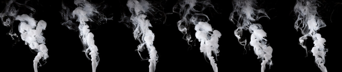 Fototapeta premium set abstract white smoke isolated on a black background. concept of texture mist, fog effect, and cloud for design air pollution, element smog 