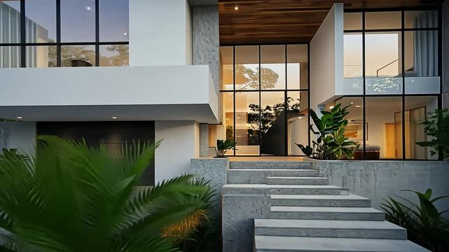 Modern house exterior with large windows and concrete steps