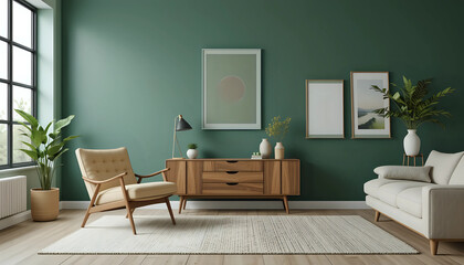 Stylish living room interior design with scandi armchair, elegant commodes, mocj up poster frames and accessories. Green wall